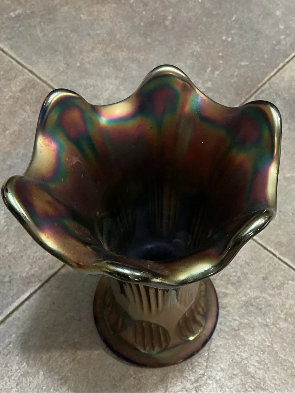 Fenton Iridescent Green and Bronze Ruffled Glass Vase